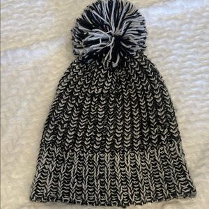 Black and White Knit Beanie with Pom Pom